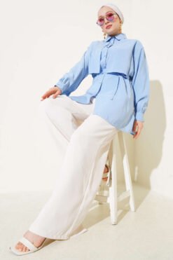Alternative view of Bolero Detailed Tie Belt Tencel Shirt Blue