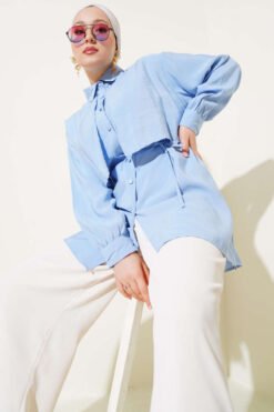 Bolero Detailed Tie Belt Tencel Shirt Blue
