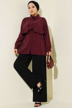 Vue alternative de Bolero Detailed Tie Belt Tencel Shirt Plum