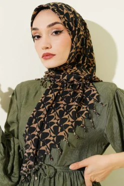 Beaded Detail Patterned Scarf Black