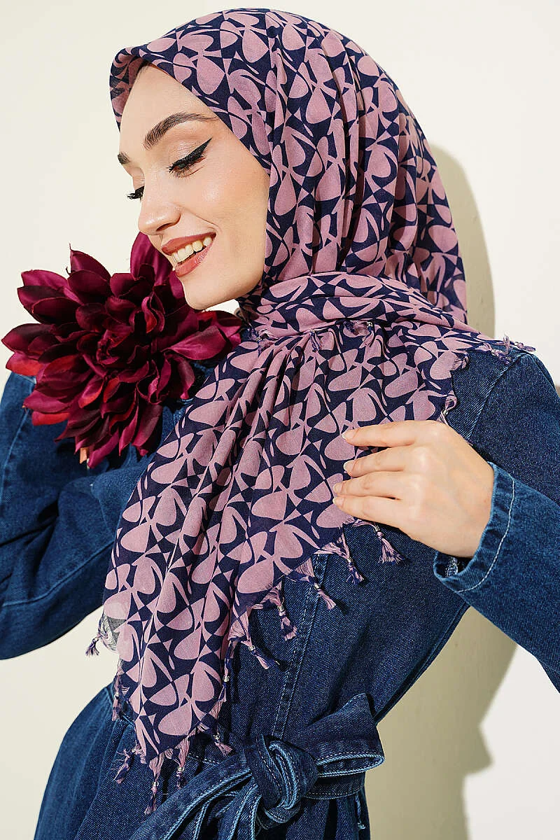 Beaded Detail Patterned Scarf Powder Pink