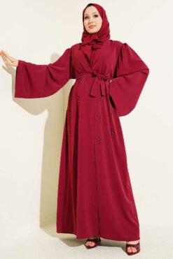 Beaded Embroidered Belted Abaya Burgundy