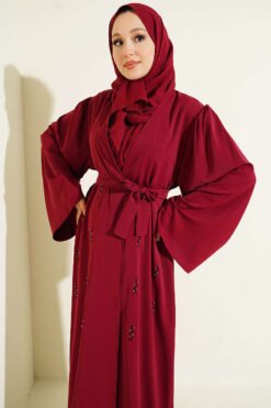 Alternative Ansicht von Beaded Embroidered Belted Abaya Burgundy