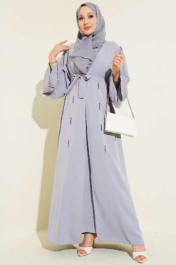 Beaded Embroidered Belted Abaya Grey