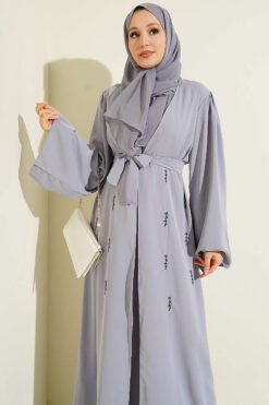 Alternative Ansicht von Beaded Embroidered Belted Abaya Grey