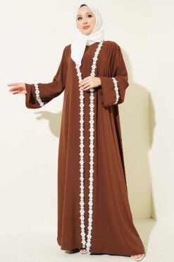 Floral Motif Belted Abaya Brown