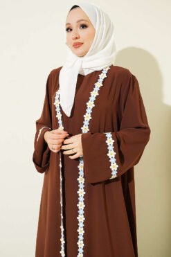 Alternative view of Floral Motif Belted Abaya Brown