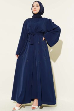 Beaded Embroidered Belted Abaya Navy Blue