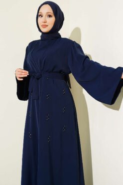 Vue alternative de Beaded Embroidered Belted Abaya Navy Blue