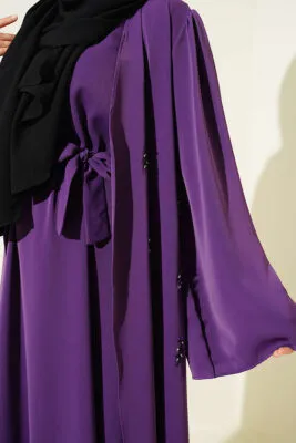 Boncuk Islemeli Kusakli Abaya Lavanta Elbise Efsun Moda