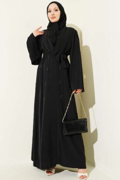 Beaded Embroidered Belted Abaya Black all'ingrosso abaya - Hicabistan fabbrica Turchia