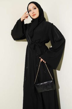 Alternative Ansicht von Beaded Embroidered Belted Abaya Black
