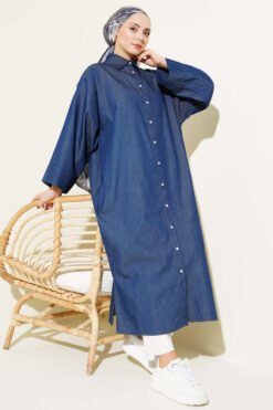 Long Denim Tunic with Snap Buttons Navy Blue