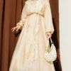 Buttoned Ruffled Dress with Tie Belt Beige