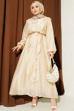 Buttoned Ruffled Dress with Tie Belt Beige