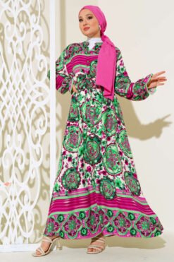 Buttoned Patterned Dress Fuchsia