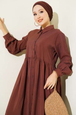 Vista alternativa di Button-Up Shirt Collar Dress Brown