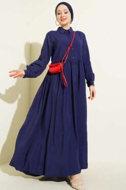 Button-Up Shirt Collar Dress Navy Blue