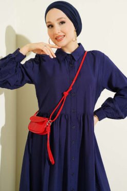 Vista alternativa di Button-Up Shirt Collar Dress Navy Blue