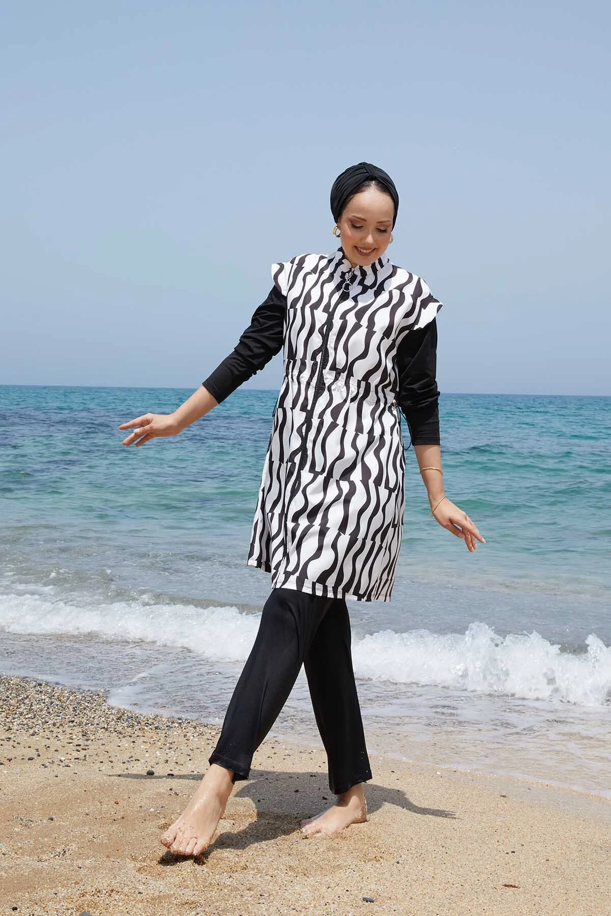 Adjustable Waist Zip-Up Modest Swimwear