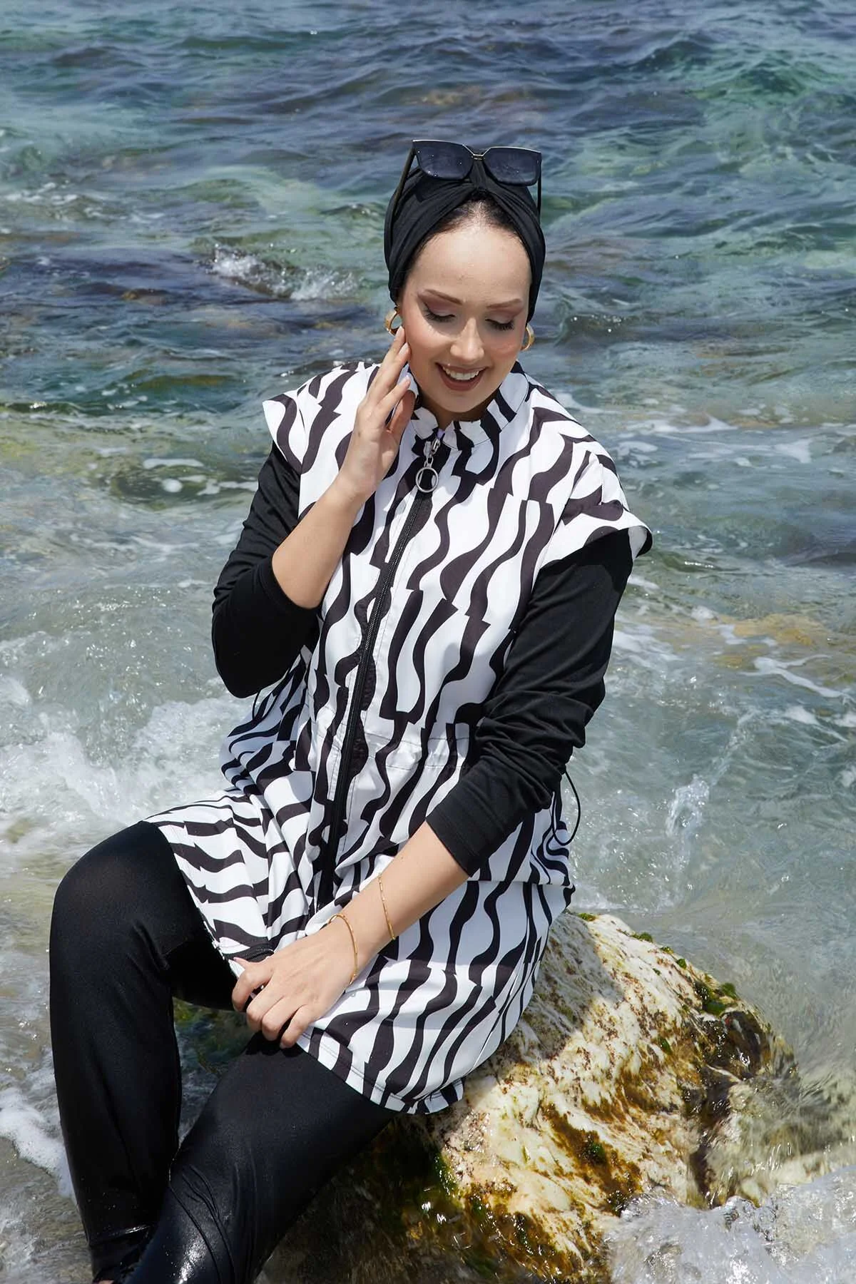 Adjustable Waist Zip-Up Modest Swimwear – Bild 2
