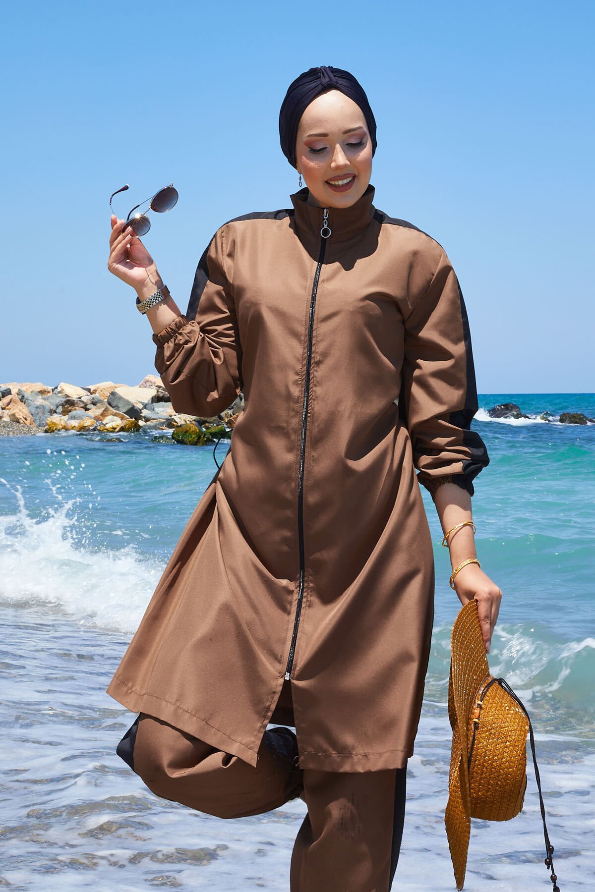 Full-Zip Modest Swimwear Tan – Bild 2