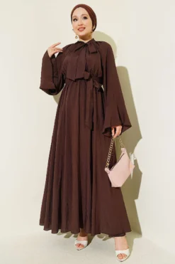 Tie Neck Waist Elastic Dress Brown