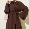 Tie Neck Waist Elastic Dress Brown - Image 2