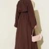 Tie Neck Waist Elastic Dress Brown - Image 3