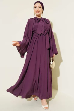 Tie Neck Waist Elastic Dress Purple