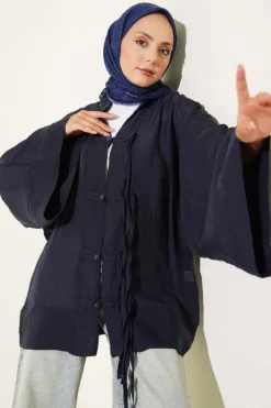 Brit Button Oversized Kimono Navy Blue