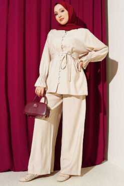 Brit Buttoned Ankle Elastic Tencel Two-Piece Set Beige