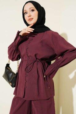 Alternatieve weergave van Brit Buttoned Ankle Elastic Tencel Two-Piece Set Burgundy