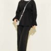 Brit Buttoned Ankle Elastic Tencel Two-Piece Set Black