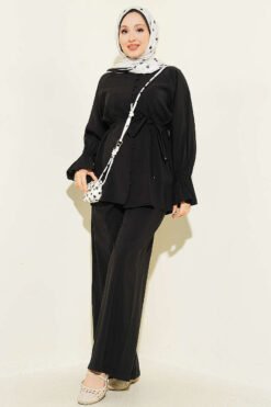 Brit Buttoned Ankle Elastic Tencel Two-Piece Set Black