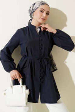 Brit Buttoned Pleated Tunic Navy Blue