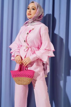 Alternative Ansicht von Cross Button Ruffled Sleeve Two-Piece Set Pink