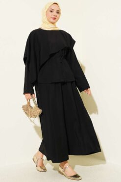 Cross Shoulder Cloak Skirt Set Black