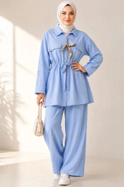 Pocket Flap Waist Tunic Set Baby Blue