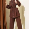 Pocket Flap Waist Tunic Set Brown