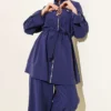 Pocket Flap Waist Tunic Set Navy Blue