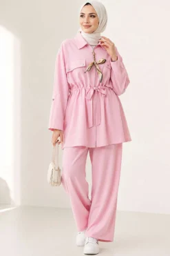 Pocket Flap Waist Tunic Set Pink