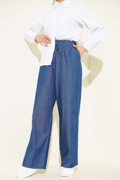 Pocketed Elastic Waist Wide Leg Denim Pants