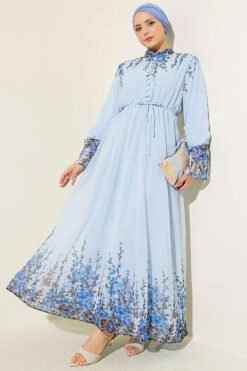 Floral Print Brit Button Chiffon Dress Baby Blue