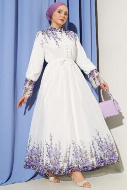 Floral Print Brit Button Chiffon Dress Ecru
