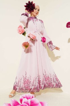 Floral Print Brit Button Chiffon Dress Pink
