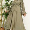 Flower Brooch Belted Tunic Set Khaki