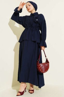 Flower Brooch Belted Tunic Set Navy Blue