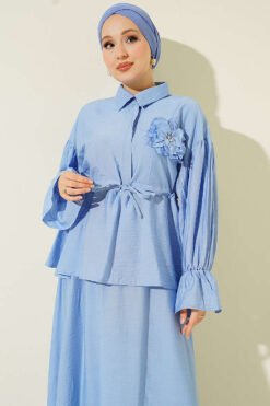 Alternatieve weergave van Flower Brooch Belted Tunic Set Blue
