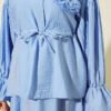 ⁦Flower Brooch Belted Tunic Set Blue⁩ - الصورة ⁦4⁩
